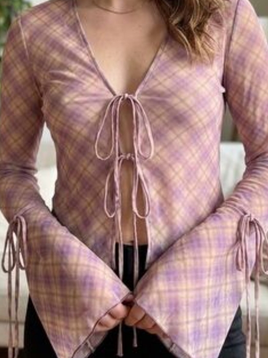 Zara Tops - Zara women’s Lavender/Cream Plaid Tie-Front Bell-Sleeve boho top size S NWTS